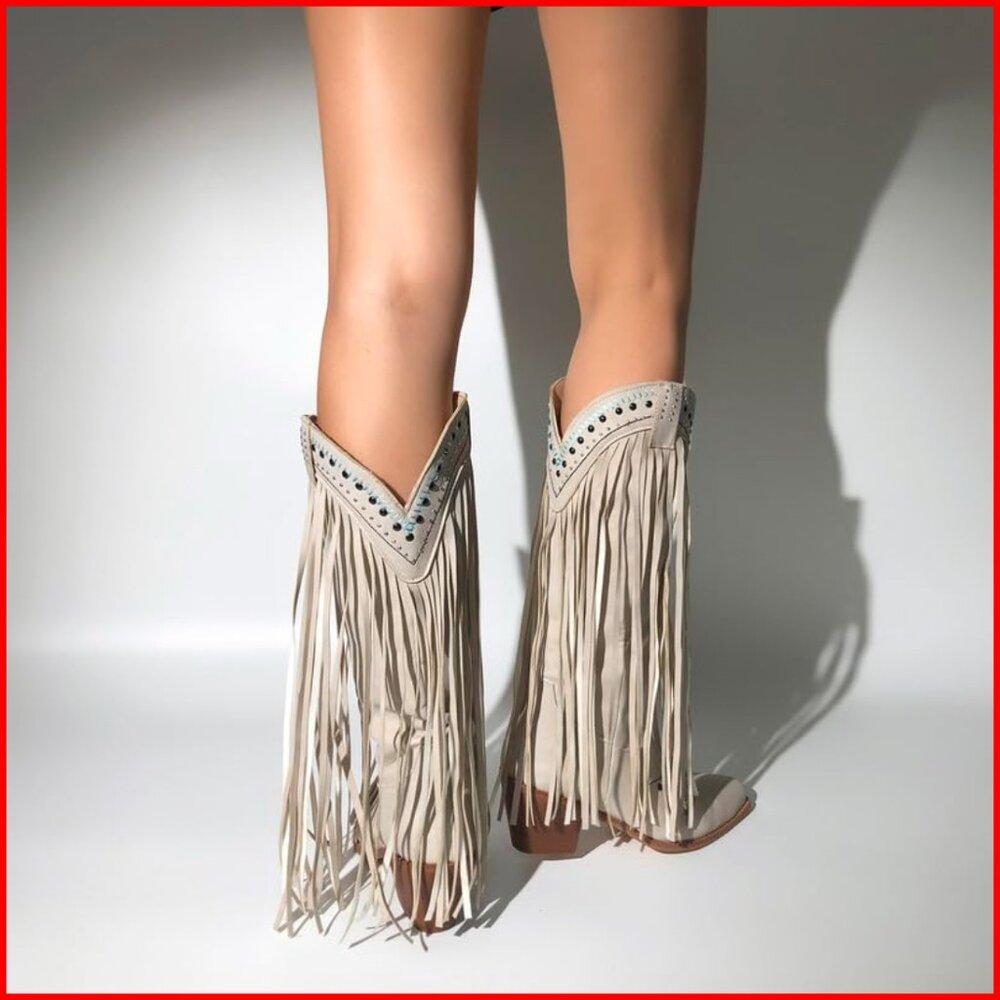 Western Cowgirl Boots Fringed Tassel Embroidered Block Heel Mid Calf - Picture 6 of 7